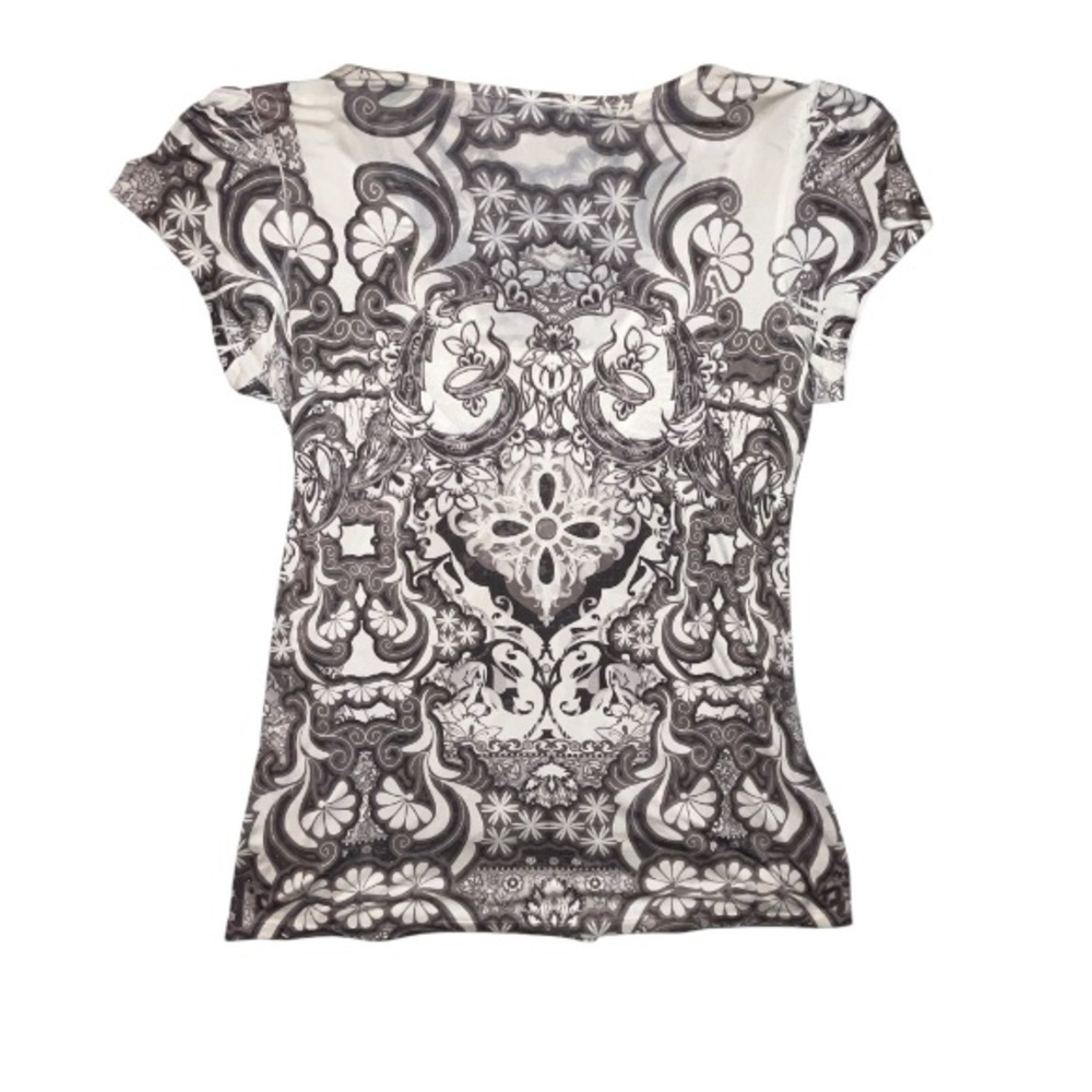 One World Boho Lave Detail Shirt Sleeve Shirt V Neckline Black Grey Wht Size XL - Picture 2 of 7